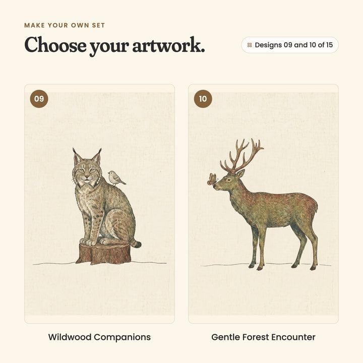 Designs 09 and 10 of 15: Wildwood Companions, a lynx on a stump with a small bird on its shoulder, and Gentle Forest Encounter, a buck with a butterfly on its nose