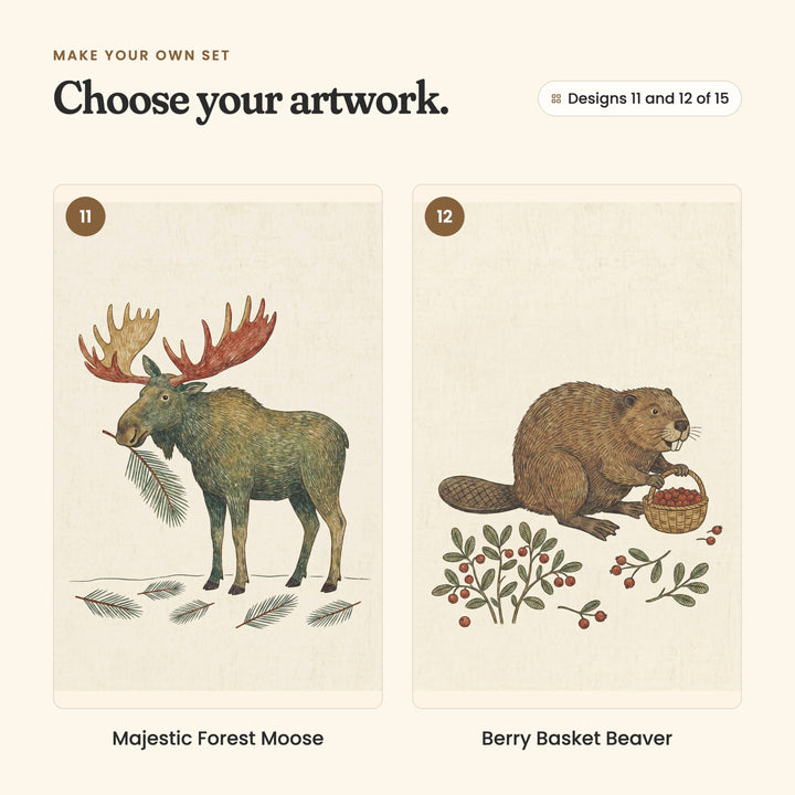 Designs 11 and 12 of 15: Majestic Forest Moose, a moose with a pine sprig in its mouth, and Berry Basket Beaver, a beaver with a basket of red berries