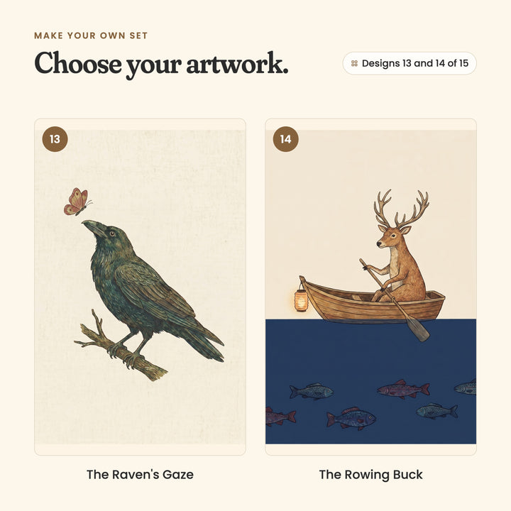 Designs 13 and 14 of 15: The Raven's Gaze, a raven on a branch looking up at a butterfly, and The Rowing Buck, a buck rowing a boat with a lantern over navy water