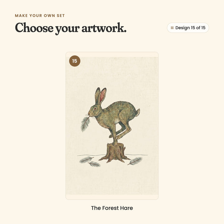 Design 15 of 15: The Forest Hare, a hare leaping from a tree stump with a pine sprig in its mouth