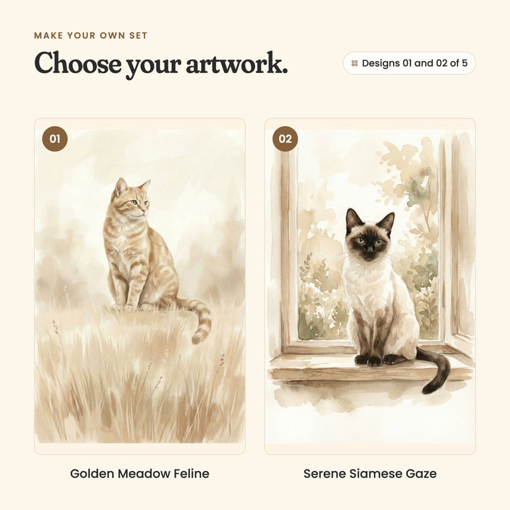 Designs 01 and 02 of 5: Golden Meadow Feline, a ginger tabby cat sitting in tall golden grass, and Serene Siamese Gaze, a Siamese cat sitting on a windowsill