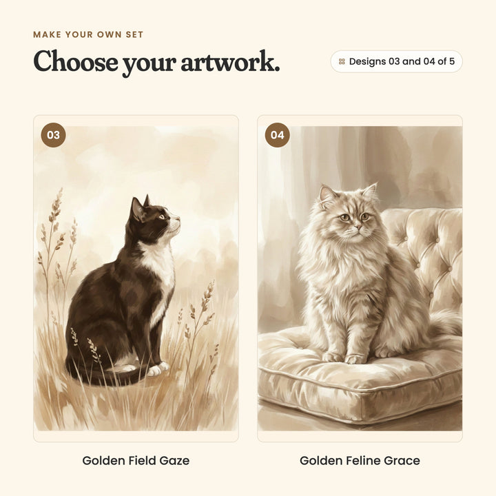 Designs 03 and 04 of 5: Golden Field Gaze, a black and white cat gazing up from tall grass, and Golden Feline Grace, a fluffy long-haired cat on a tufted cushion