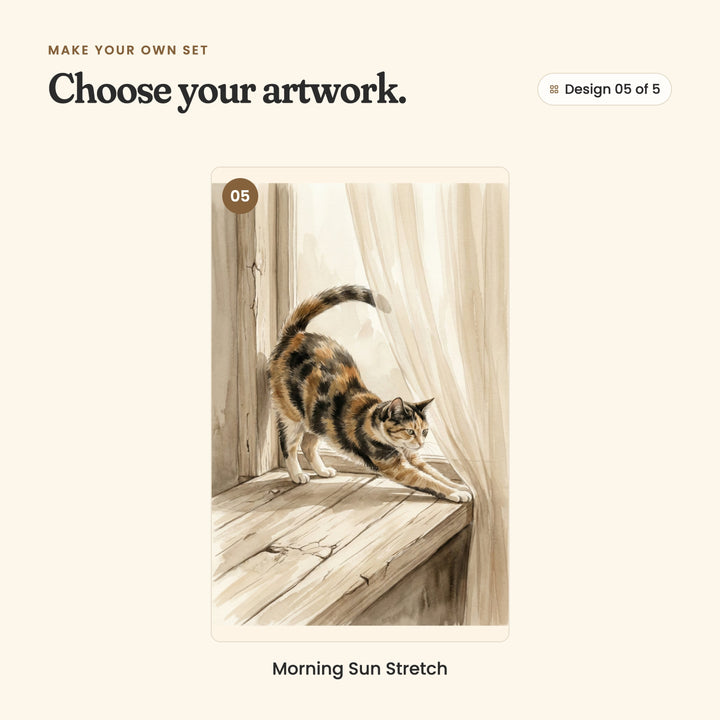 Design 05 of 5: Morning Sun Stretch, a calico cat stretching along a wooden window ledge by a sheer curtain