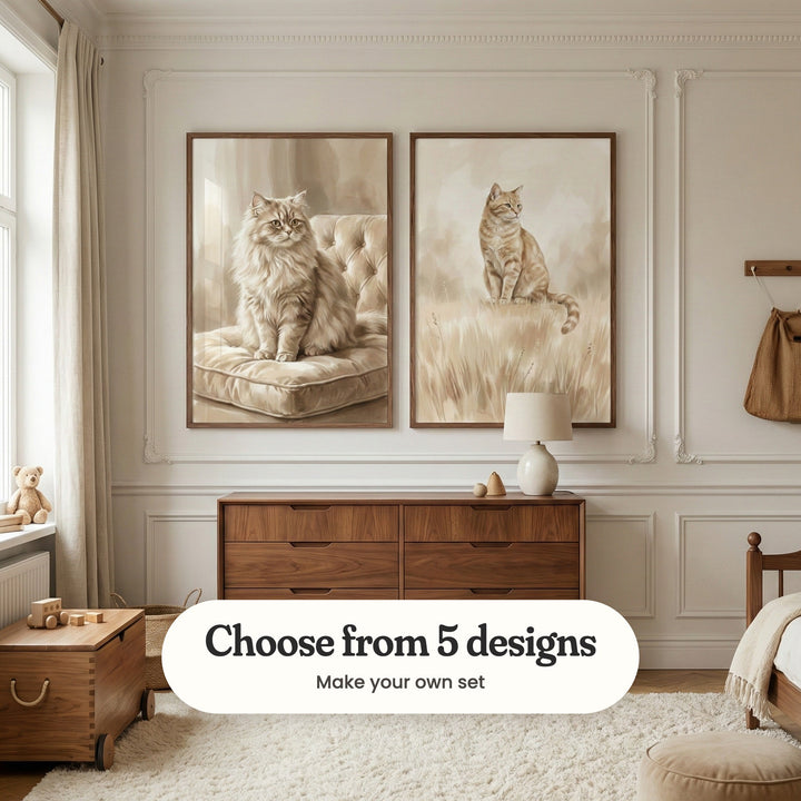 Cream panelled nursery with two cat prints in dark wood frames above a walnut dresser with a table lamp, beside a wooden toy chest, a teddy bear on the windowsill and a shaggy cream rug: Golden Feline Grace and Golden Meadow Feline, with a label reading Choose from 5 designs, Make your own set