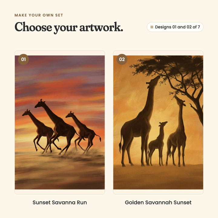 Designs 01 and 02 of 7: Sunset Savanna Run, three giraffes galloping through dust under a red and purple sky, and Golden Savannah Sunset, a giraffe family in silhouette browsing an acacia tree under an amber sky