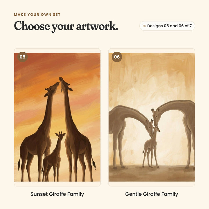 Designs 05 and 06 of 7: Sunset Giraffe Family, two giraffes touching noses above a calf under an orange sky, and Gentle Giraffe Family, two pale giraffes bending down to a calf in soft cream light