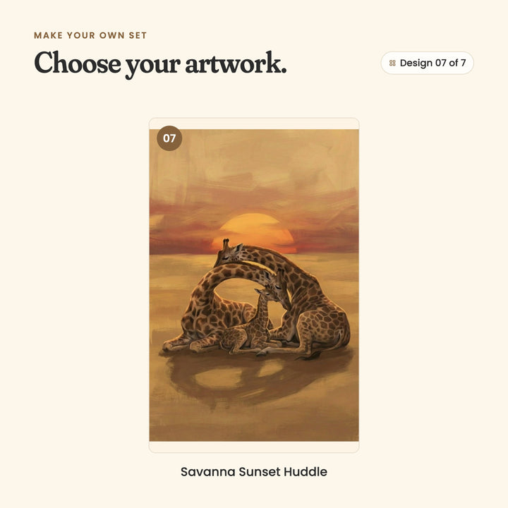 Design 07 of 7: Savanna Sunset Huddle, a spotted giraffe family lying down together in front of the setting sun