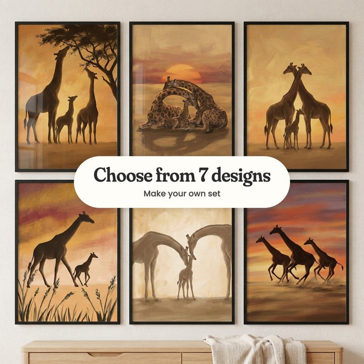 Six giraffe prints in black frames in two rows above a light wood dresser with a knit throw: a giraffe family in silhouette browsing an acacia tree, a giraffe family lying down at sunset, two giraffes with crossed necks over a calf, a giraffe and calf walking through tall grass, two pale giraffes bending to a calf and three giraffes galloping under a red and purple sky, with a label reading Choose from 7 designs, Make your own set