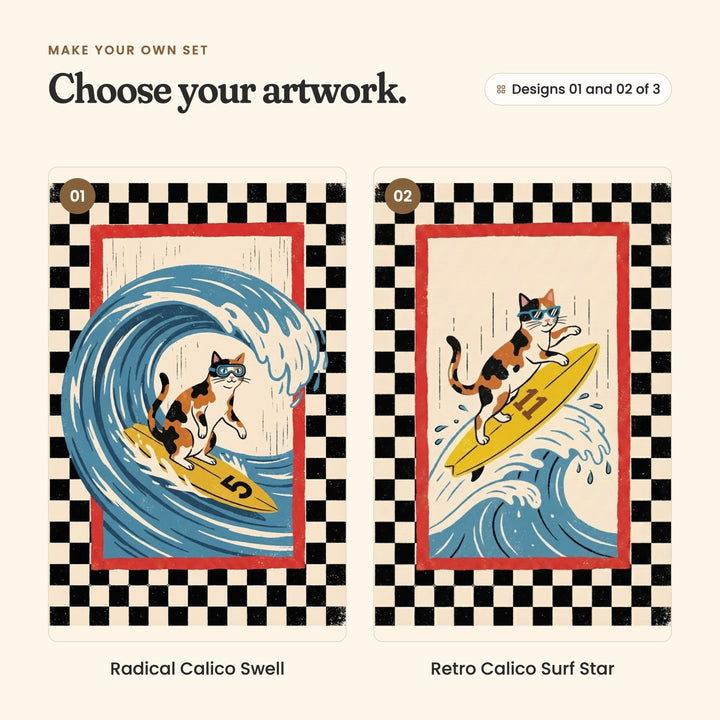 Designs 01 and 02 of 3: Radical Calico Swell, a calico cat in blue goggles surfing a curling blue wave on a yellow board marked 5, and Retro Calico Surf Star, a calico cat in blue sunglasses leaping over a breaking wave on a yellow board marked 11