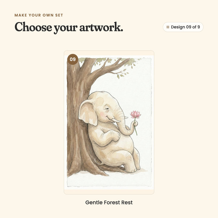 Design 09 of 9: Gentle Forest Rest, an elephant leaning against a tree trunk, holding a pink lotus