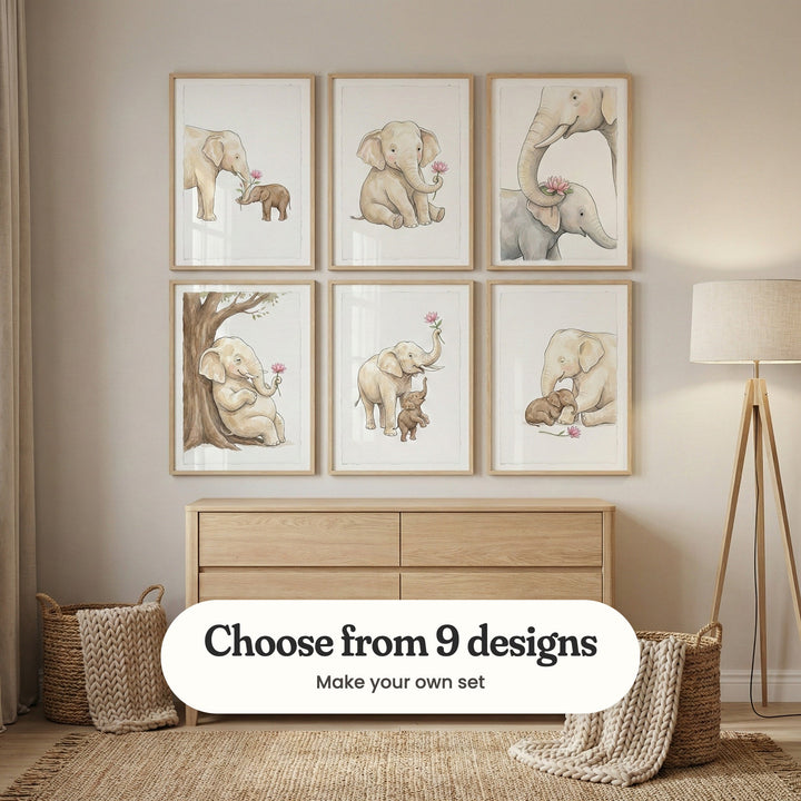 Beige room with six elephant prints in light wood frames in two rows above a light wood dresser, beside a tripod floor lamp, woven baskets with knit throws and a jute rug: Gentle Elephant Bond, Baby Elephant Bloom, Motherly Lotus Blessing, Gentle Forest Rest, Gentle Trunk Bloom and Motherly Love, with a label reading Choose from 9 designs, Make your own set