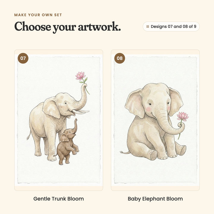 Designs 07 and 08 of 9: Gentle Trunk Bloom, a mother elephant raising a pink lotus high as her baby reaches up, and Baby Elephant Bloom, a little elephant sitting with a pink lotus in its trunk