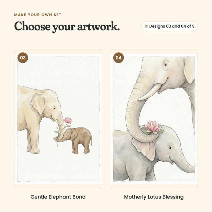 Designs 03 and 04 of 9: Gentle Elephant Bond, a mother elephant handing a pink lotus to her brown baby, and Motherly Lotus Blessing, a big elephant resting a pink lotus on the head of a little grey elephant