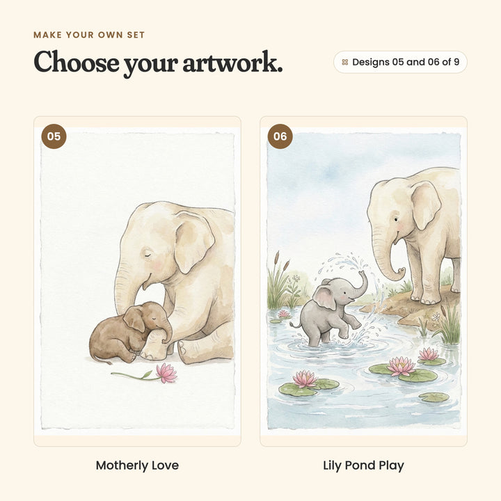 Designs 05 and 06 of 9: Motherly Love, a mother elephant cuddling her sleeping baby beside a pink lotus, and Lily Pond Play, a baby elephant splashing in a lily pond while its mother watches from the bank
