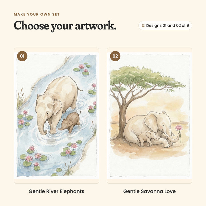 Designs 01 and 02 of 9: Gentle River Elephants, a mother and baby elephant wading through a river dotted with pink water lilies, and Gentle Savanna Love, a mother and baby elephant resting under an acacia tree, the mother holding a pink lotus