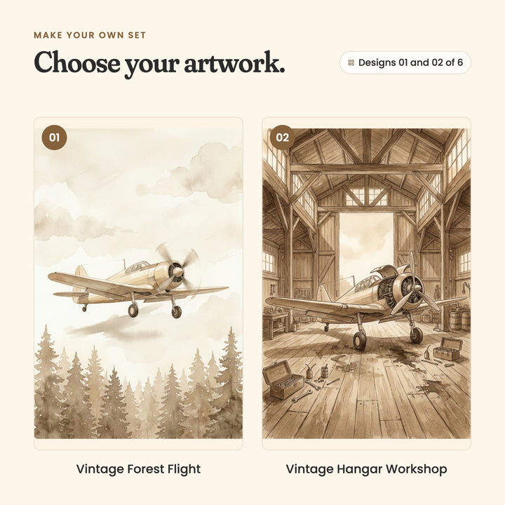 Designs 01 and 02 of 6: Vintage Forest Flight, a single-prop plane flying low over a pine forest, and Vintage Hangar Workshop, a plane parked in a timber hangar with toolboxes and wrenches on the floor
