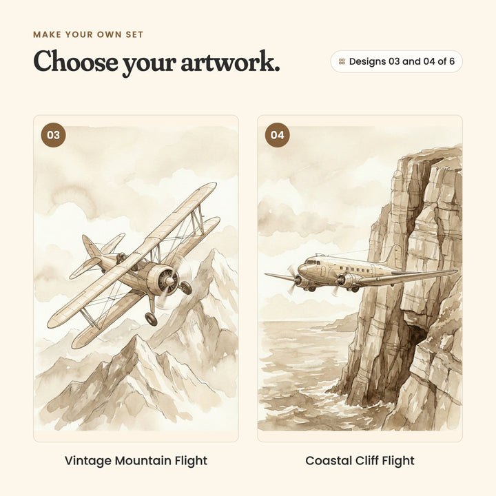 Designs 03 and 04 of 6: Vintage Mountain Flight, a biplane banking over snowy peaks, and Coastal Cliff Flight, a twin-engine airliner flying past tall sea cliffs
