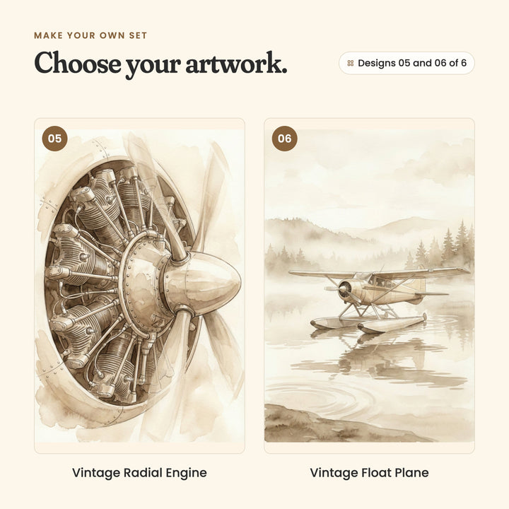Designs 05 and 06 of 6: Vintage Radial Engine, a close-up of a round radial engine and propeller, and Vintage Float Plane, a floatplane resting on a misty lake with pines reflected in the water