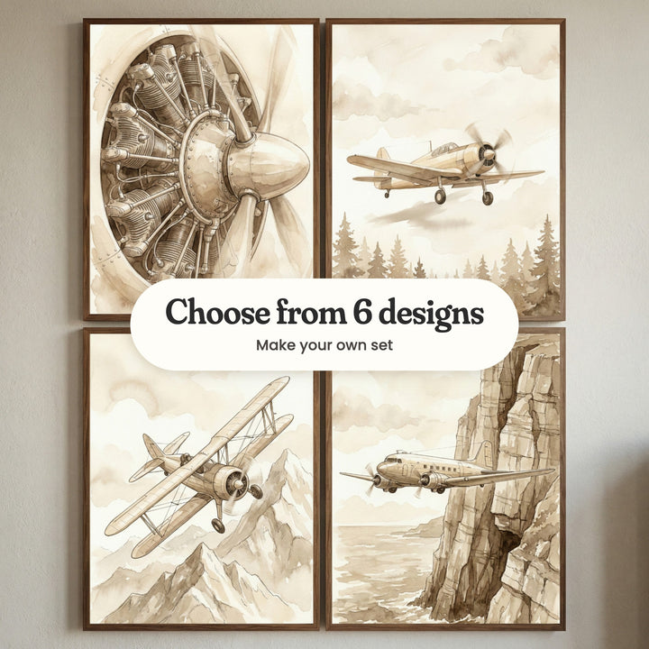 Four vintage airplane prints in walnut frames in two rows on a grey wall: a close-up of a round radial engine and propeller, a single-prop plane over a pine forest, a biplane over snowy peaks and a twin-engine airliner flying past tall sea cliffs, with a label reading Choose from 6 designs, Make your own set