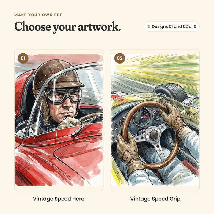 Designs 01 and 02 of 6: Vintage Speed Hero, a close-up driver in a brown leather helmet and goggles in a red car, and Vintage Speed Grip, a driver's-eye view of gloved hands on a wooden steering wheel