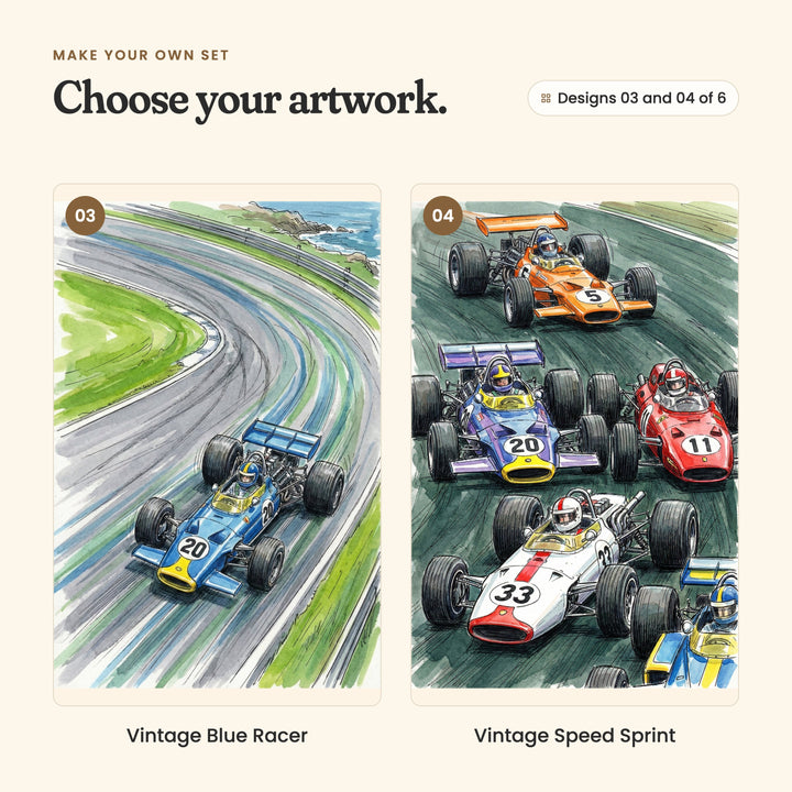 Designs 03 and 04 of 6: Vintage Blue Racer, a blue No. 20 car rounding a curving coastal track, and Vintage Speed Sprint, a pack of orange, blue, red and white race cars on a green track