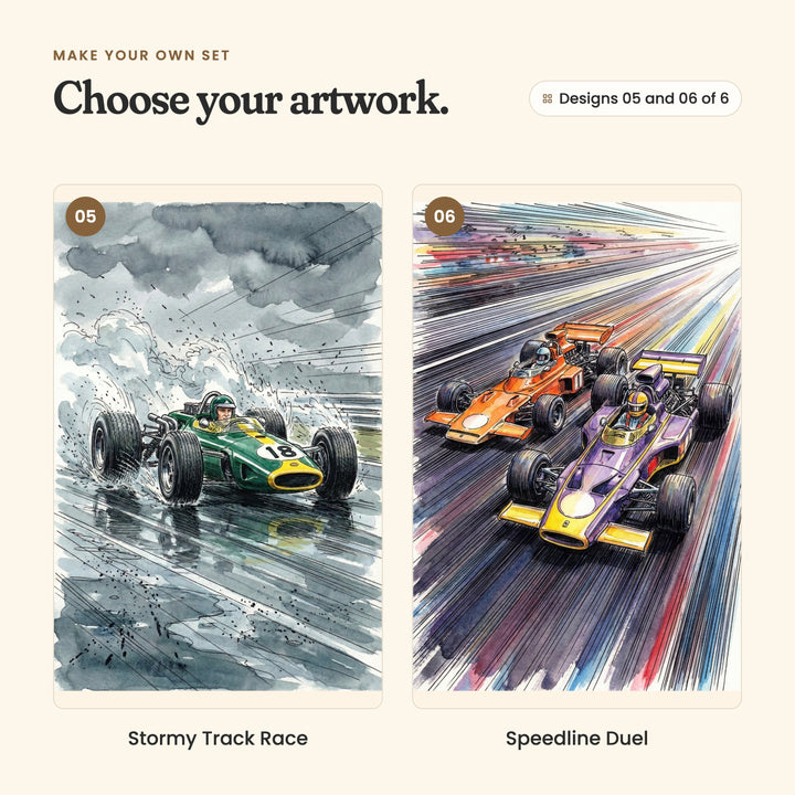 Designs 05 and 06 of 6: Stormy Track Race, a green No. 18 car spraying water on a wet track under storm clouds, and Speedline Duel, an orange car and a purple-and-yellow car racing through rainbow speed lines