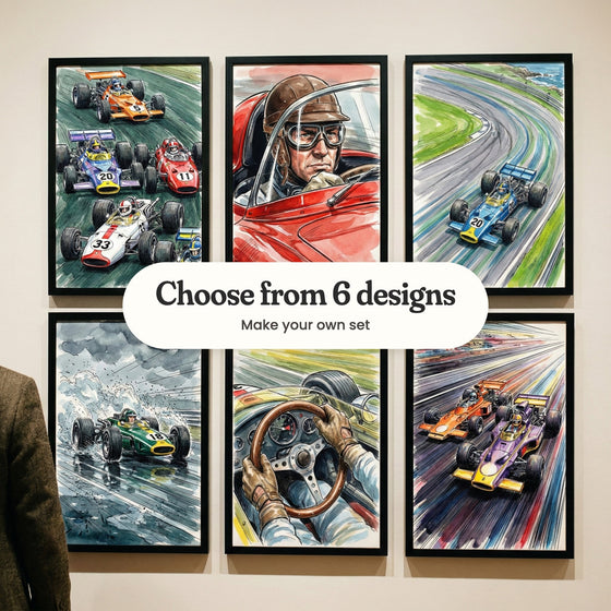 Six race car prints in black frames in two rows on a pale wall, with a man in a brown tweed jacket at the left: a pack of race cars on a green track, a driver in a leather helmet and goggles, a blue No. 20 car on a coastal curve, a green No. 18 car on a wet track, gloved hands on a wooden steering wheel and two cars racing through rainbow speed lines, with a label reading Choose from 6 designs, Make your own set