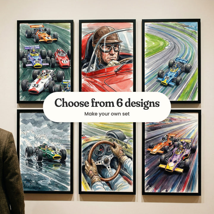 Six race car prints in black frames in two rows on a pale wall, with a man in a brown tweed jacket at the left: a pack of race cars on a green track, a driver in a leather helmet and goggles, a blue No. 20 car on a coastal curve, a green No. 18 car on a wet track, gloved hands on a wooden steering wheel and two cars racing through rainbow speed lines, with a label reading Choose from 6 designs, Make your own set
