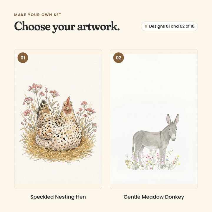 Designs 01 and 02 of 10: Speckled Nesting Hen, a speckled hen on a straw nest among pink wildflowers, and Gentle Meadow Donkey, a grey donkey standing in wildflowers