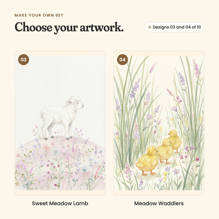 Designs 03 and 04 of 10: Sweet Meadow Lamb, a white lamb on a hill of pink and lavender wildflowers, and Meadow Waddlers, three yellow ducklings walking through tall grass and lavender