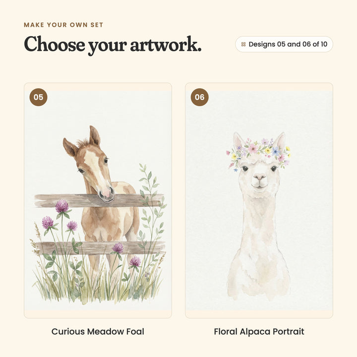 Designs 05 and 06 of 10: Curious Meadow Foal, a chestnut foal looking over a wooden fence by clover, and Floral Alpaca Portrait, a cream alpaca in a flower crown