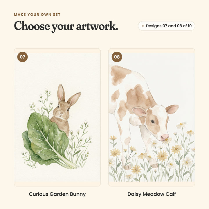 Designs 07 and 08 of 10: Curious Garden Bunny, a brown bunny peeking out from behind a big leafy green, and Daisy Meadow Calf, a tan and white calf sniffing yellow daisies