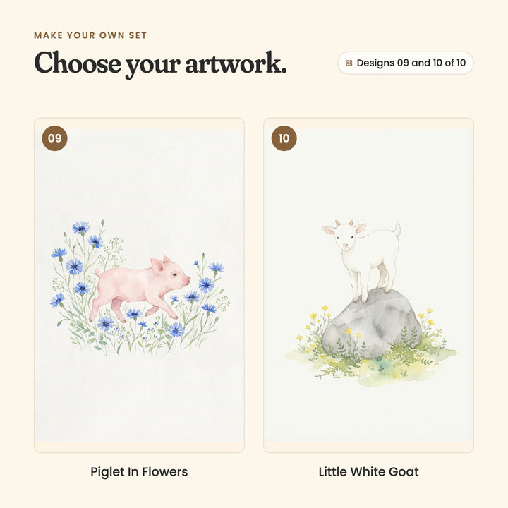 Designs 09 and 10 of 10: Piglet In Flowers, a pink piglet trotting through blue cornflowers, and Little White Goat, a little white goat standing on a grey rock among yellow flowers
