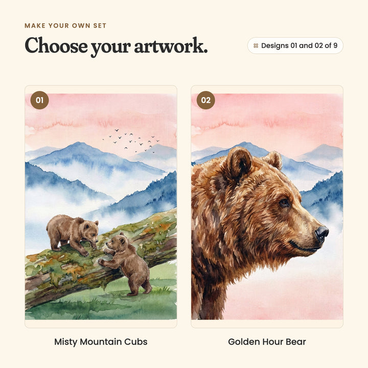 Designs 01 and 02 of 9: Misty Mountain Cubs, two bear cubs climbing a mossy log below misty mountains, and Golden Hour Bear, a close-up bear profile against a pink sky and misty blue mountains