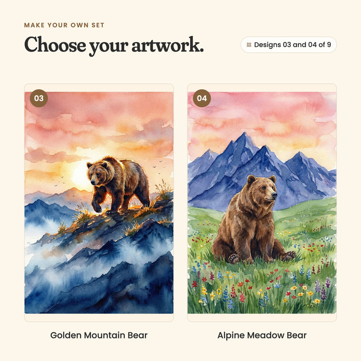 Designs 03 and 04 of 9: Golden Mountain Bear, a bear walking along a ridge into a golden sunset, and Alpine Meadow Bear, a bear sitting in a wildflower meadow under purple peaks