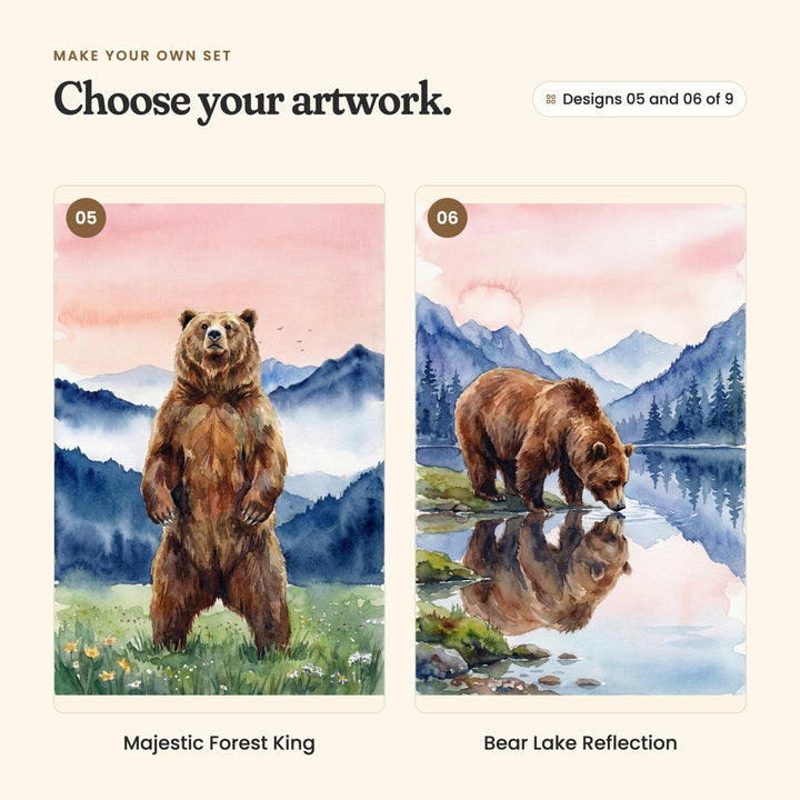 Designs 05 and 06 of 9: Majestic Forest King, a bear standing on its hind legs in a meadow before misty mountains, and Bear Lake Reflection, a bear drinking from a still lake above its reflection
