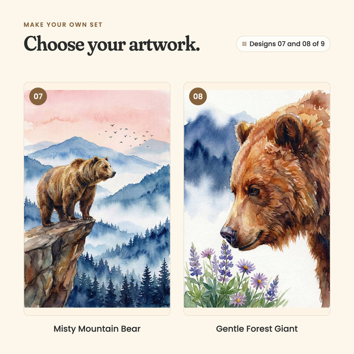 Designs 07 and 08 of 9: Misty Mountain Bear, a bear on a rocky ledge above a misty pine forest, and Gentle Forest Giant, a close-up bear sniffing purple lupines