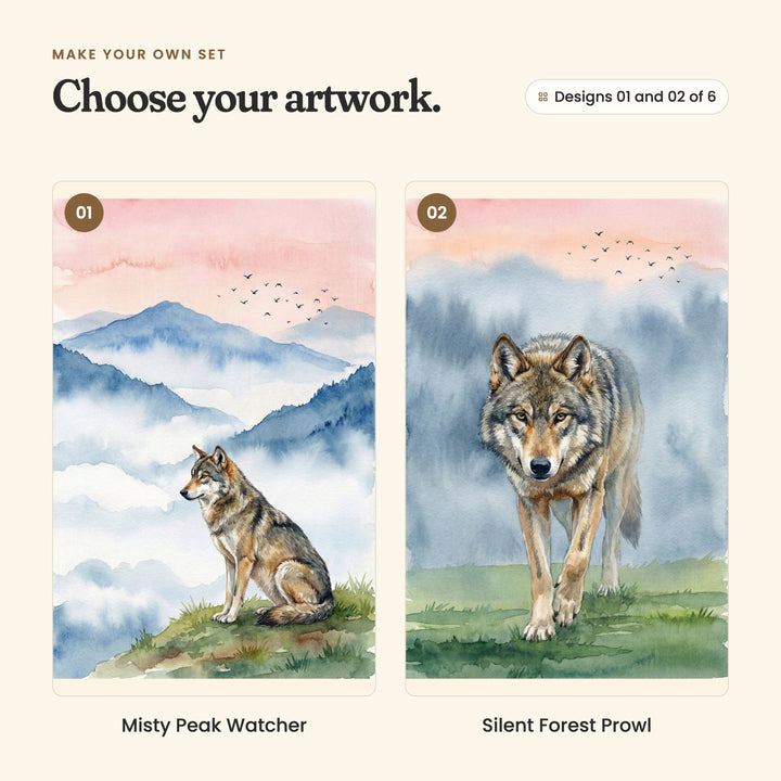Designs 01 and 02 of 6: Misty Peak Watcher, a wolf sitting on a grassy ledge above misty blue mountains, and Silent Forest Prowl, a wolf walking straight toward you out of the mist