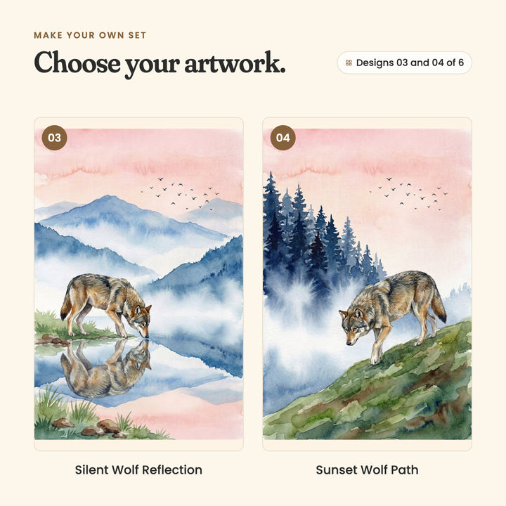 Designs 03 and 04 of 6: Silent Wolf Reflection, a wolf drinking from a still lake, its reflection in the water, and Sunset Wolf Path, a wolf walking down a grassy slope past misty pines