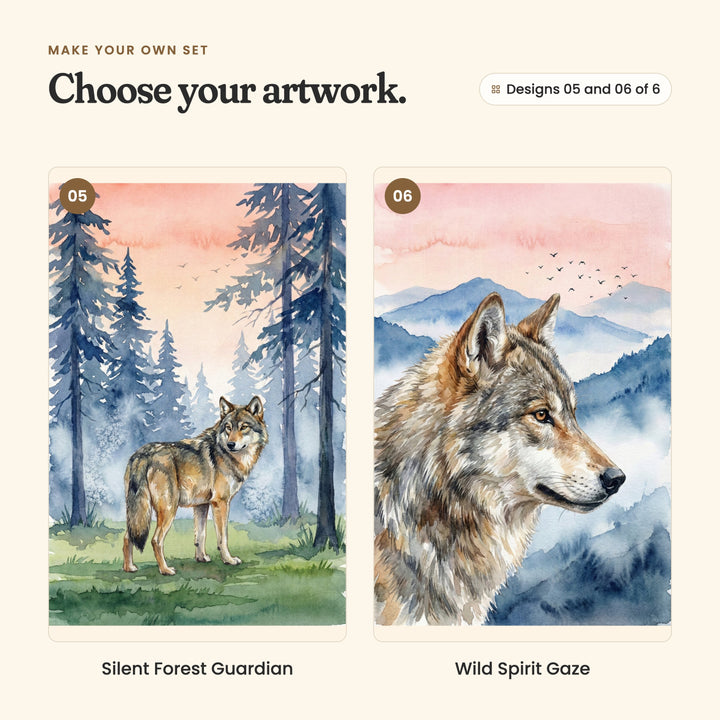 Designs 05 and 06 of 6: Silent Forest Guardian, a wolf standing among tall pine trees, and Wild Spirit Gaze, a close portrait of a wolf in profile against misty mountains