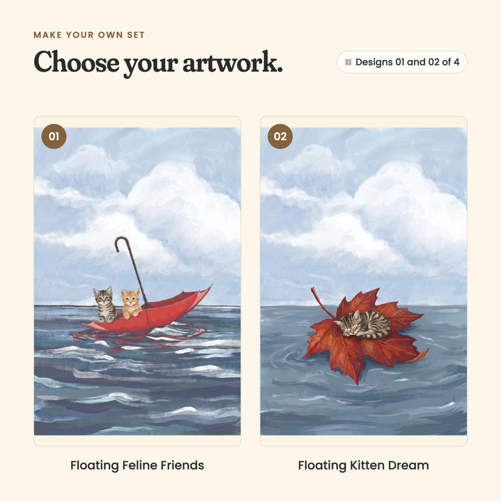 Designs 01 and 02 of 4: Floating Feline Friends, a grey tabby kitten and a ginger kitten sailing in an upturned red umbrella, and Floating Kitten Dream, a tabby kitten curled up asleep on a floating red maple leaf