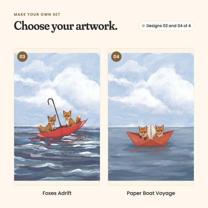 Designs 03 and 04 of 4: Foxes Adrift, two fox cubs sailing in an upturned red umbrella, and Paper Boat Voyage, two fox cubs peeking out of a red paper boat on calm water