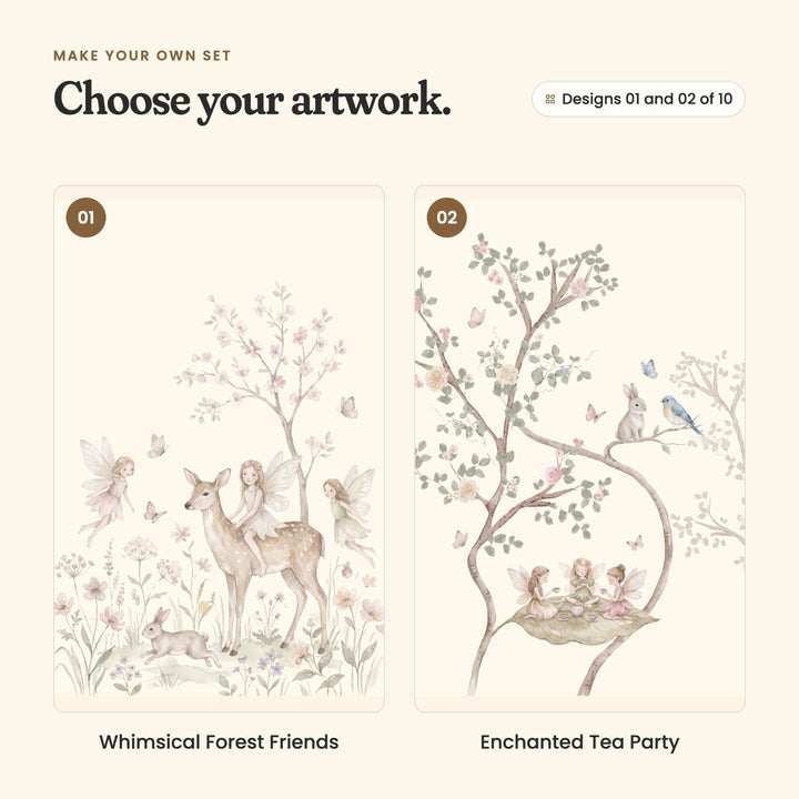 Designs 01 and 02 of 10: Whimsical Forest Friends, a fairy riding a spotted deer beside a blossom tree, with flying fairies and a rabbit, and Enchanted Tea Party, three fairies having tea on a big leaf in a winding tree, with a rabbit and a bluebird
