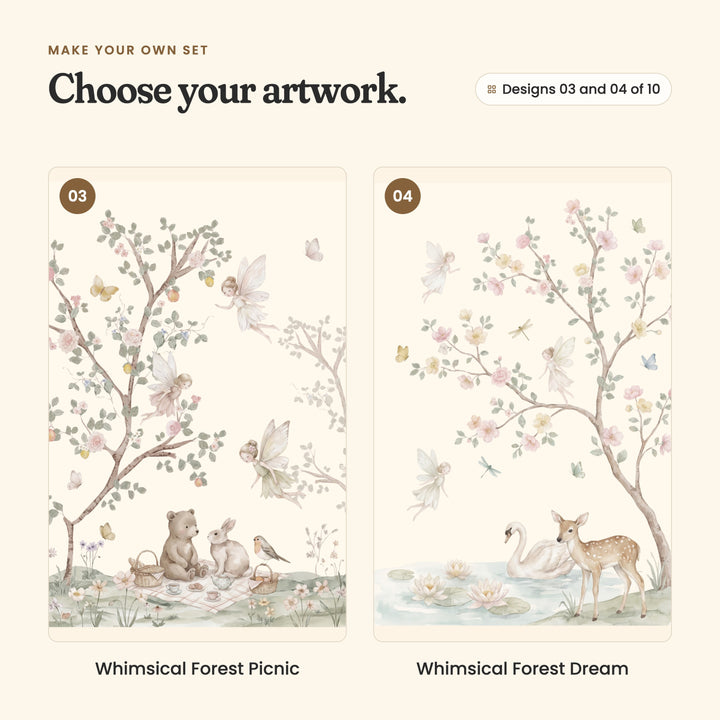 Designs 03 and 04 of 10: Whimsical Forest Picnic, a bear, a rabbit and a robin picnicking on a checked blanket, with fairies in the tree, and Whimsical Forest Dream, a fawn and a swan by a lily pond under a blossom tree, with fairies
