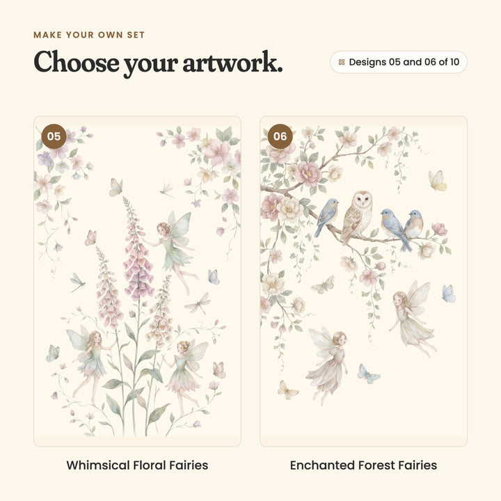 Designs 05 and 06 of 10: Whimsical Floral Fairies, fairies flying among tall pink foxgloves, and Enchanted Forest Fairies, an owl and three bluebirds on a blossom branch, with fairies below