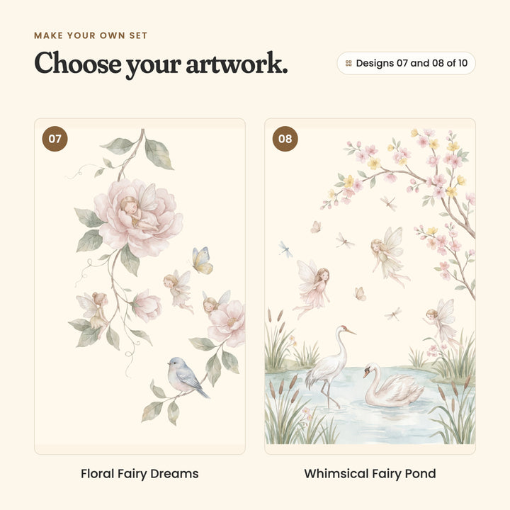 Designs 07 and 08 of 10: Floral Fairy Dreams, a fairy asleep in a big pink peony, with tiny fairies and a bluebird, and Whimsical Fairy Pond, a heron and a swan in a reedy pond, with fairies above