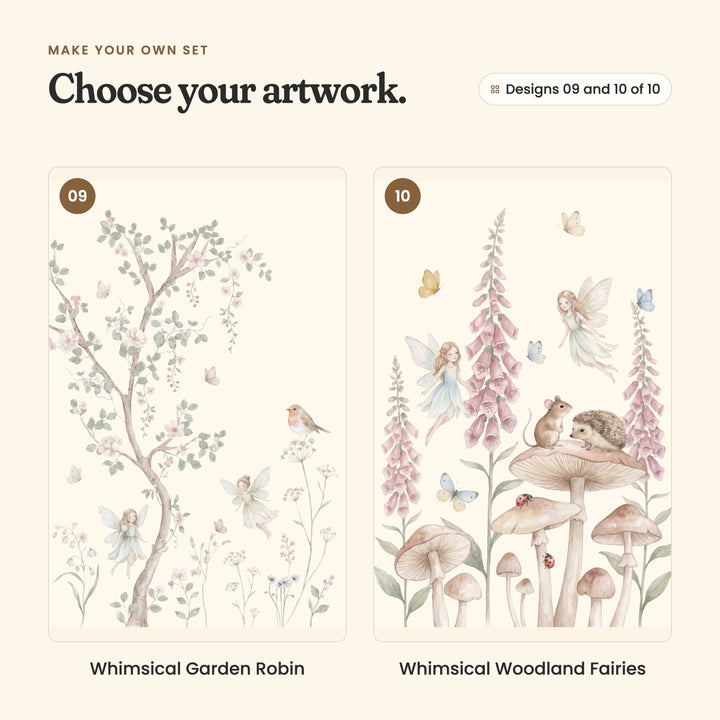 Designs 09 and 10 of 10: Whimsical Garden Robin, fairies and a robin by a slender blossom tree among wildflowers, and Whimsical Woodland Fairies, a mouse and a hedgehog on mushrooms among foxgloves, with flying fairies and ladybugs