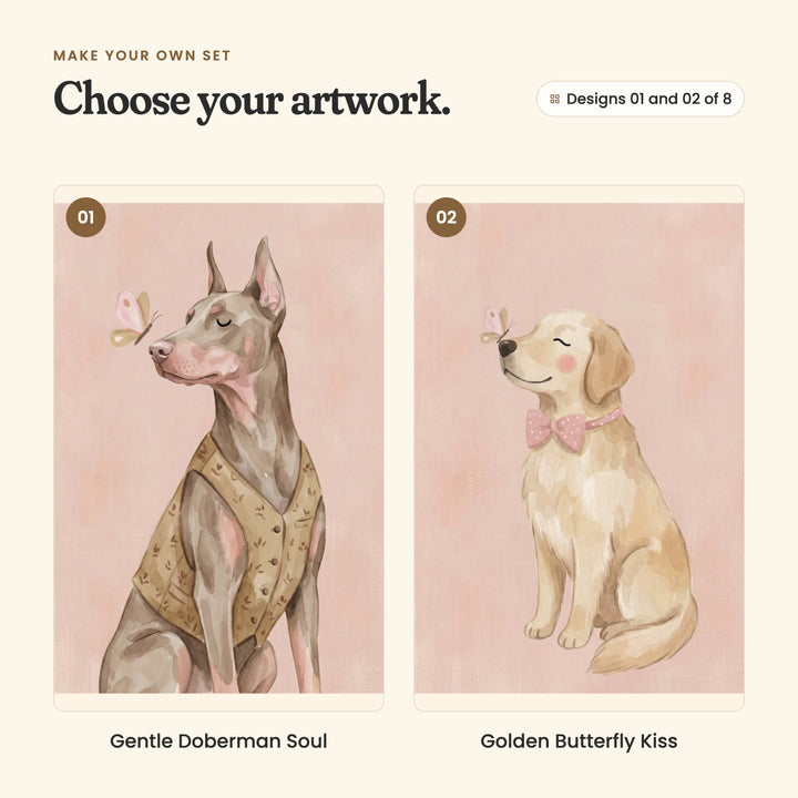 Designs 01 and 02 of 8: Gentle Doberman Soul, a Doberman in a tan patterned vest with a butterfly at its nose, and Golden Butterfly Kiss, a golden retriever in a pink polka dot bow tie with a butterfly on its nose