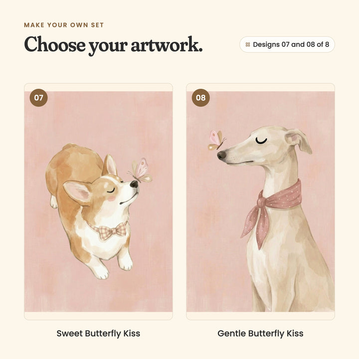 Designs 07 and 08 of 8: Sweet Butterfly Kiss, a corgi in a gingham bow tie with a butterfly on its nose, and Gentle Butterfly Kiss, a greyhound in a pink polka dot scarf with a butterfly at its nose