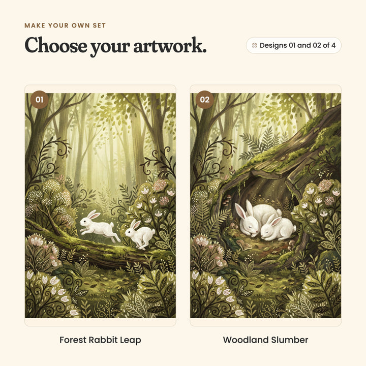 Designs 01 and 02 of 4: Forest Rabbit Leap, two white rabbits leaping along a mossy log, and Woodland Slumber, two white rabbits curled up asleep inside a hollow mossy log